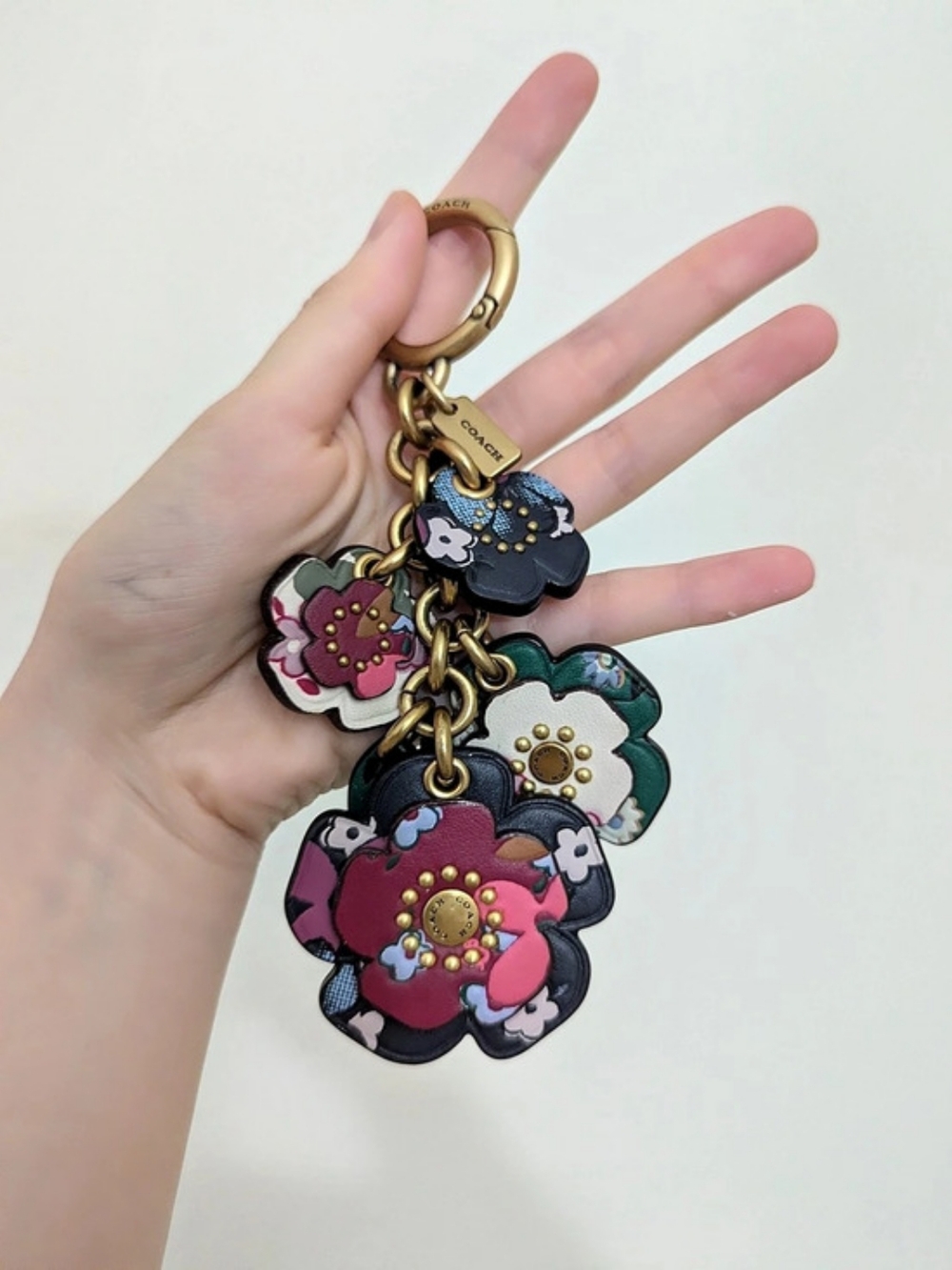 Coach Tea Rose Multicolor Leather Floral Bag Charm Keychain Brass Hardware EUC - Picture 5 of 5